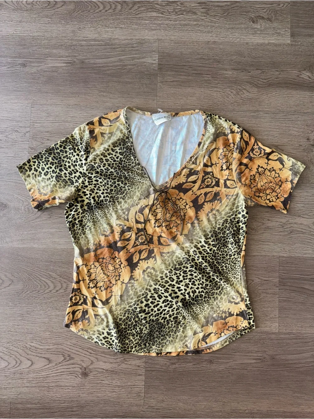 Fashion Bug Vintage Floral & Animal Cheetah Print Lace-Up Women's Blouse Mustard